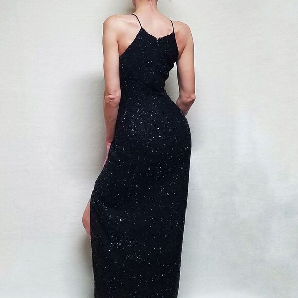 VINTAGE Marina B Black Sequin Beaded Side Slit Sleeveless Formal Maxi Dress 14 - Picture 3 of 16